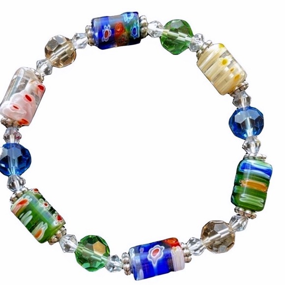 Stretch Beaded Bracelet Embedded Flowers Silver Accents Multicolor OS Colorful - Picture 11 of 11